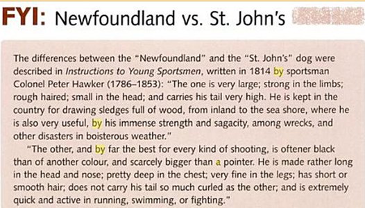 The differences between the Newfoundland and the St. John's dog were described in Instructions to Young Sportsmen, written in 1848 by sportsman Colonel Peter Hawker (1786-1853): The one is very large; strong in the limbs; rough haired; small in the head; and carries his tail very high. He is kept in the country for drawing sledges full of wood, from inland to the sea shore, where he is also very useful, by his immense strength and sagacity, among wrecks, and other disasters in boisterous weather. The other, and by far the best for every kind of shooting, is oftener black tahn of another colour, and scarcely bigger than a pointer. He is made rather long in the head and nose; pretty deep in the chest; very fine in the legs; has short of smooth hair; does not carry his tail so much curled as the other; and is extremely quick and active in running, swimming, or fighting.